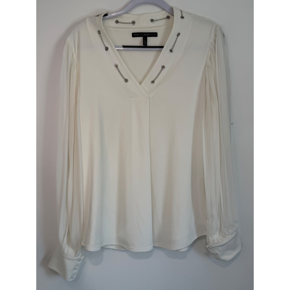 White House Black Market Flawed White Chain V-Neck Pleated Sleeve Blouse Large